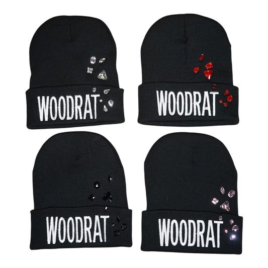 B44-V-SG: DROP 2 – White+Black Bejeweled WOODRAT Beanies