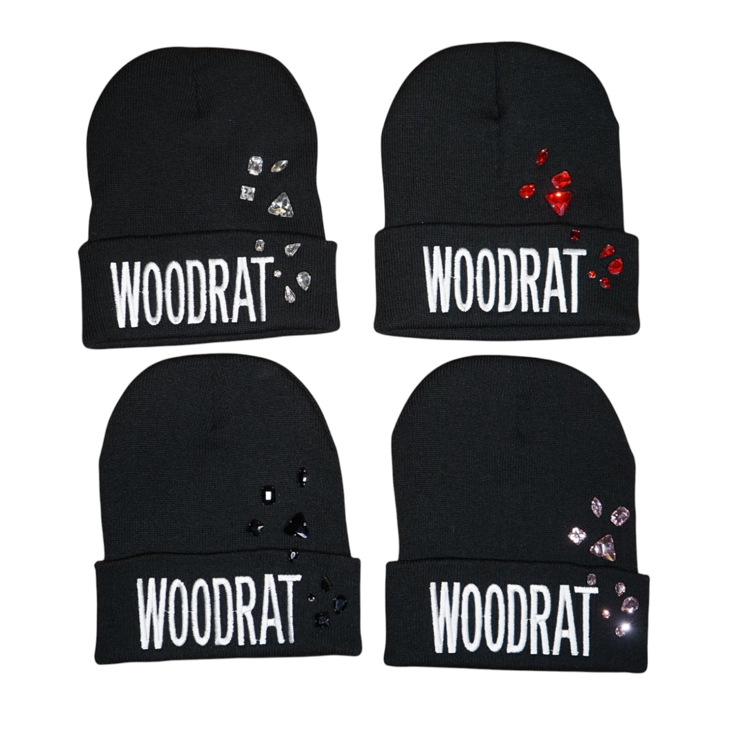 B44-V-SG: DROP 2 – White+Black Bejeweled WOODRAT Beanies