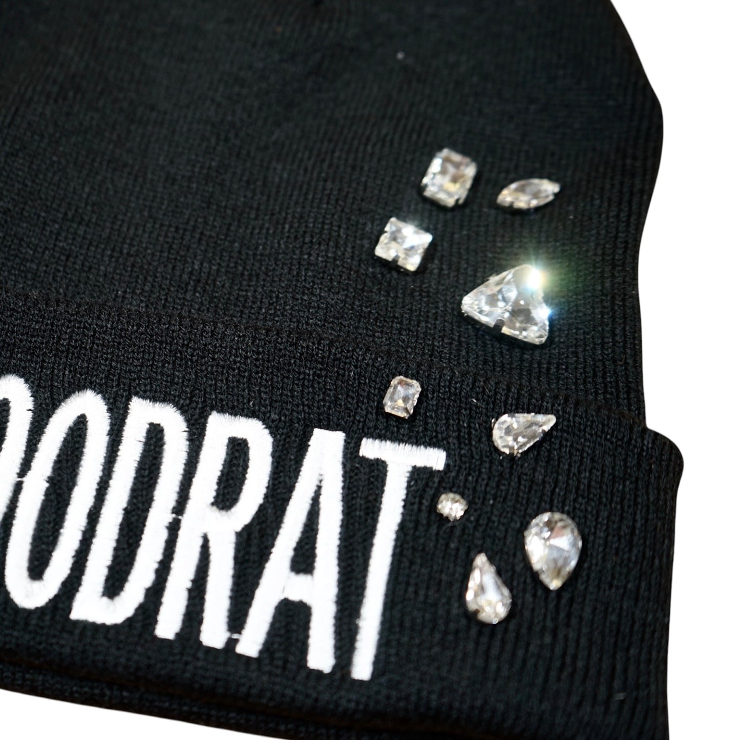 B44-V-SG: DROP 2 – White+Black Bejeweled WOODRAT Beanies