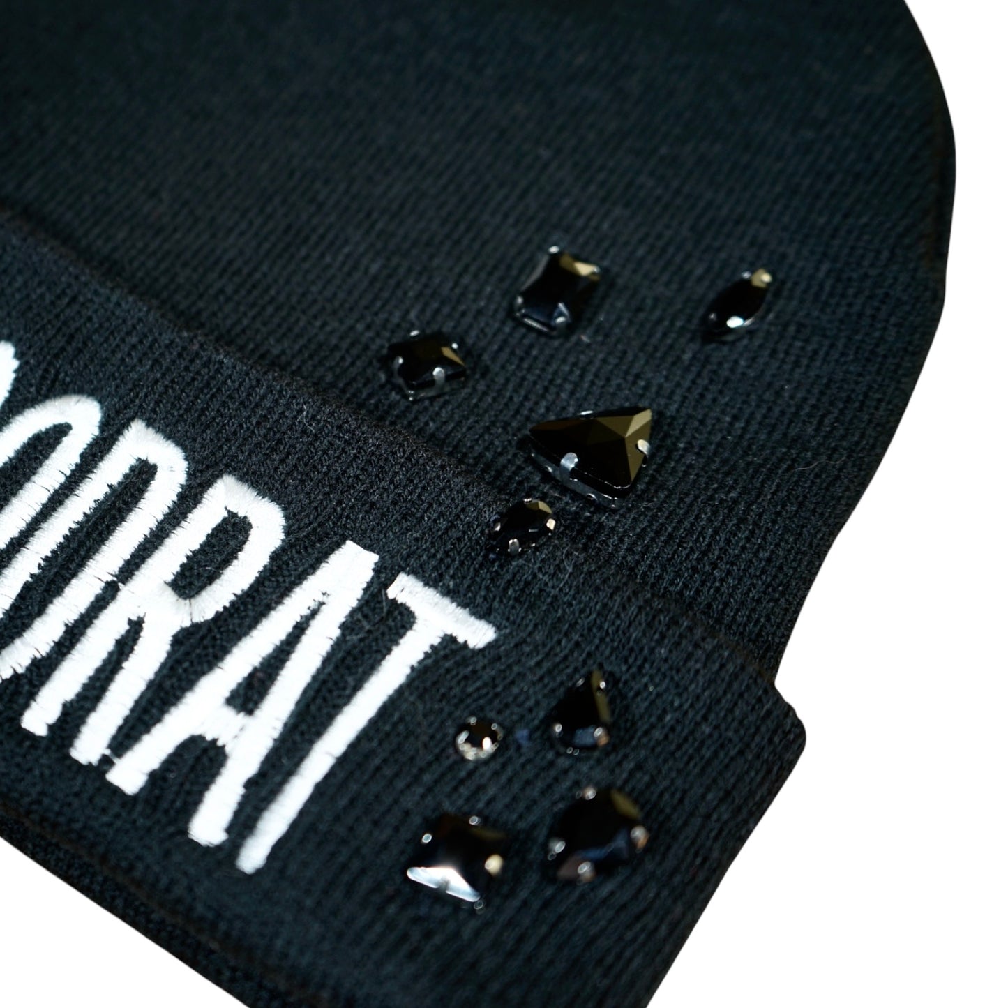 B44-V-SG: DROP 2 – White+Black Bejeweled WOODRAT Beanies