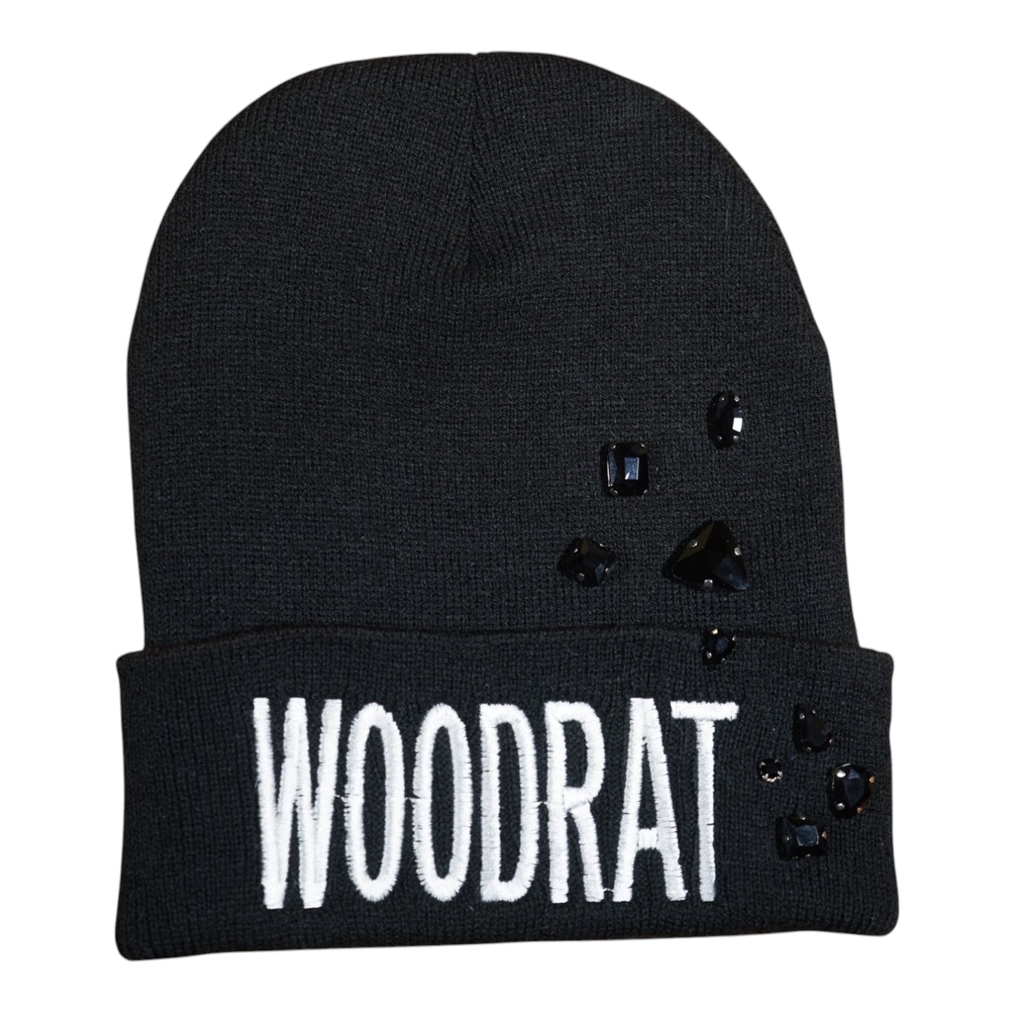 B44-V-SG: DROP 2 – White+Black Bejeweled WOODRAT Beanies